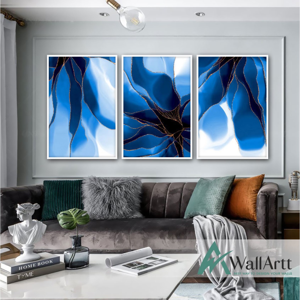 Abstract Navy Flower 3 Piece Textured Partial Oil Painting